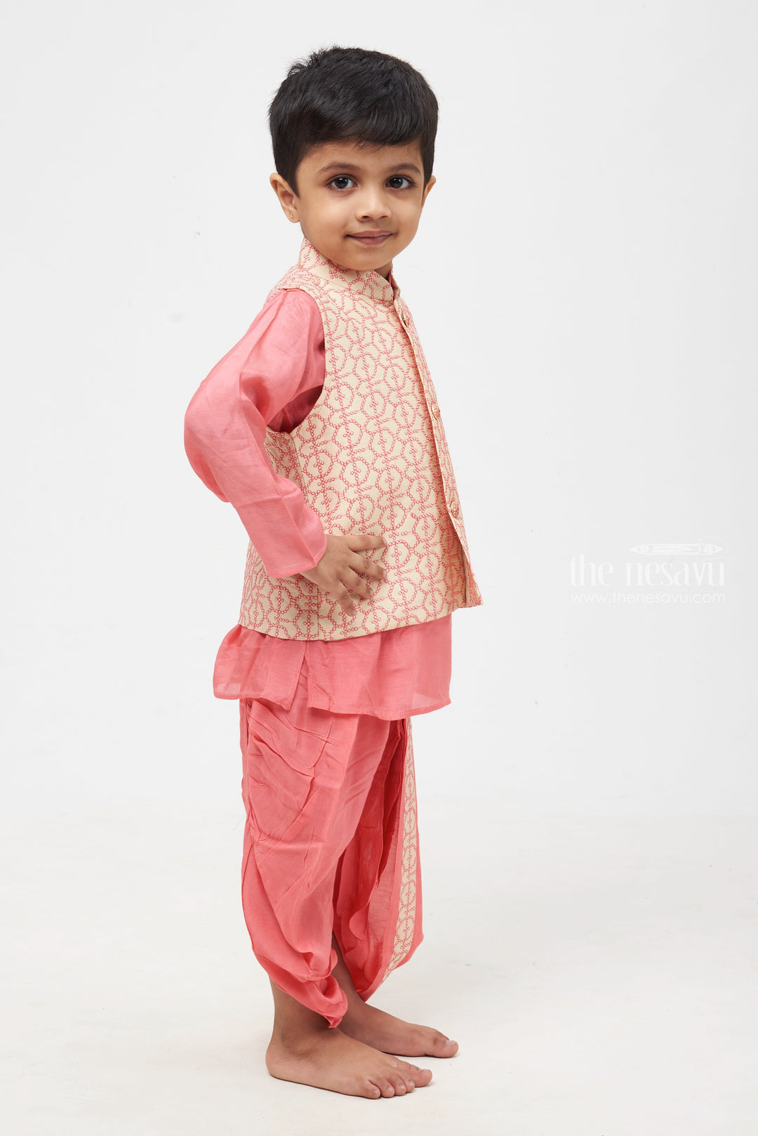 The Nesavu Boys Jacket Sets Pink Panache: Resham Embroidered Overcoat & Soft Pink Kurta with Traditional Panchagajam for Boys Nesavu Designer Boys Ethnic Kurta Panchagajam set | Latest Collection | The Nesavu