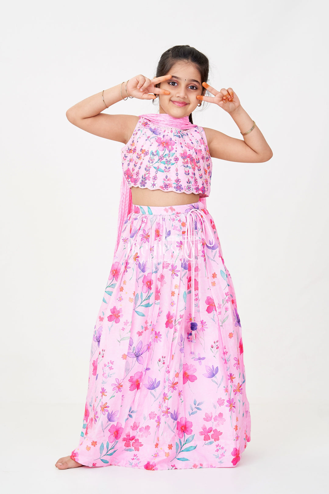 The Nesavu Girls Lehenga Choli Pink Party Wear Lehenga Choli for Girls in Viscose Silk with Mirror Embroidered Yoke and Floral Printed Skirt Nesavu 16 (1Y) / Pink GL627A-16 Nesavu Pink Party Wear Girls Lehenga Choli with Floral Print and Mirror Embroidered Viscose Silk Top