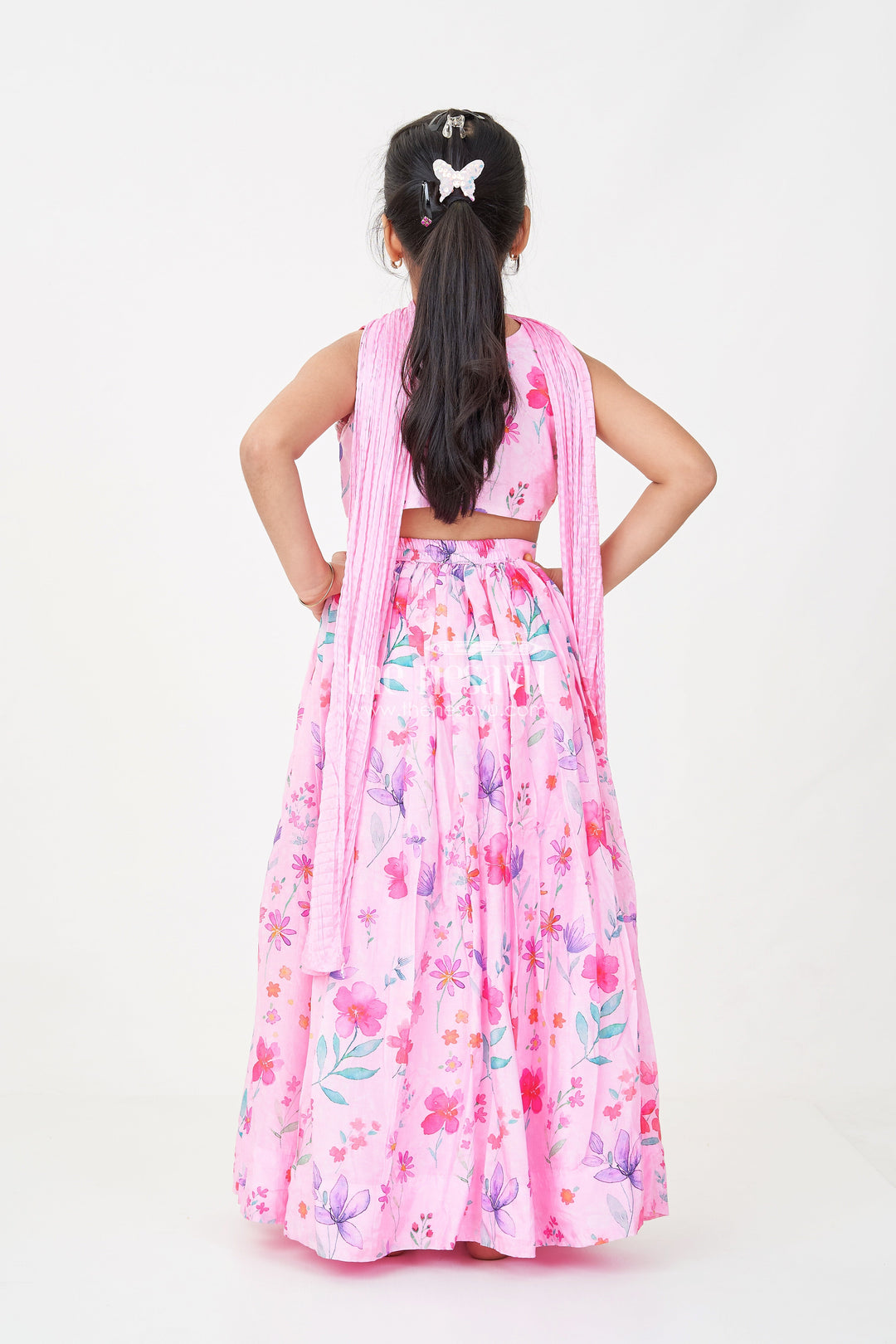 The Nesavu Girls Lehenga Choli Pink Party Wear Lehenga Choli for Girls in Viscose Silk with Mirror Embroidered Yoke and Floral Printed Skirt Nesavu Nesavu Pink Party Wear Girls Lehenga Choli with Floral Print and Mirror Embroidered Viscose Silk Top