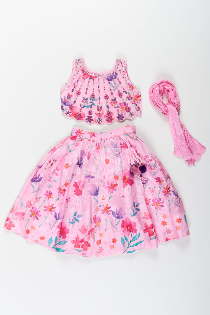 The Nesavu Girls Lehenga Choli Pink Party Wear Lehenga Choli for Girls in Viscose Silk with Mirror Embroidered Yoke and Floral Printed Skirt Nesavu Nesavu Pink Party Wear Girls Lehenga Choli with Floral Print and Mirror Embroidered Viscose Silk Top