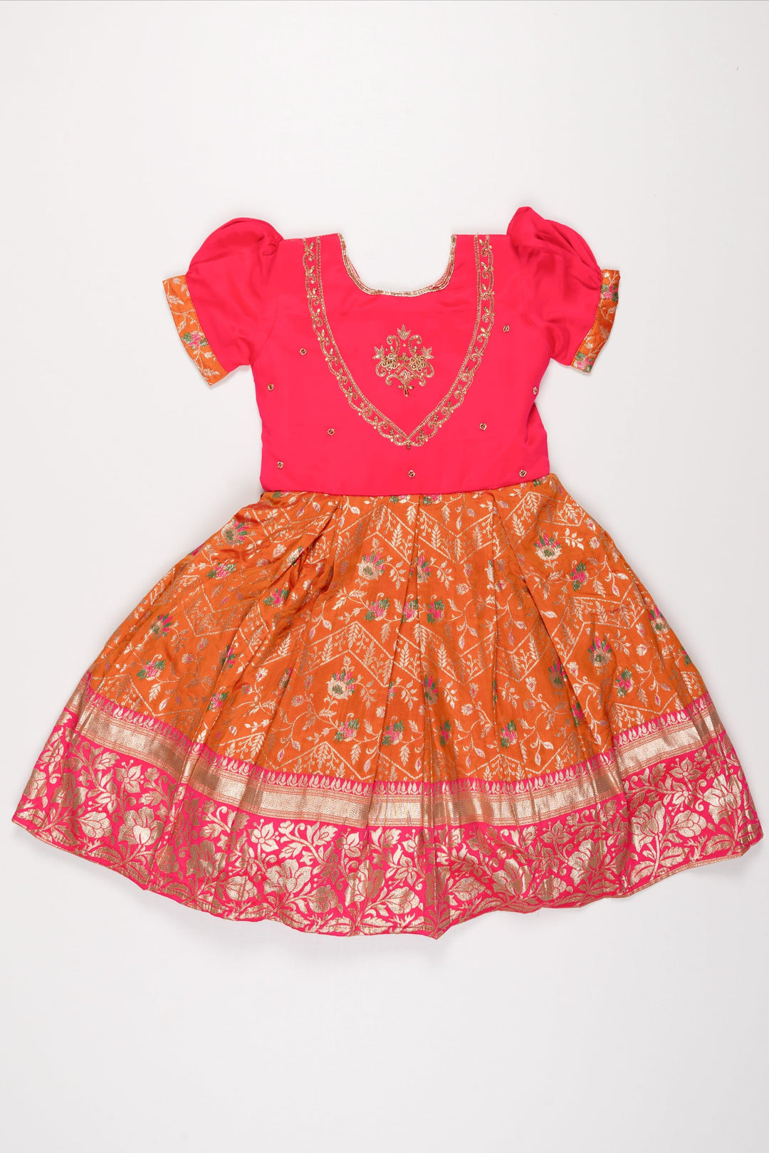 The Nesavu Silk Party Frock Pink Passion Silk Frock with Embroidered Terracotta Skirt for Girls Nesavu 16 (1Y) / Pink SF732A-16 Girls Embroidered Pink & Terracotta Silk Frock | Festive Traditional Dress | The Nesavu