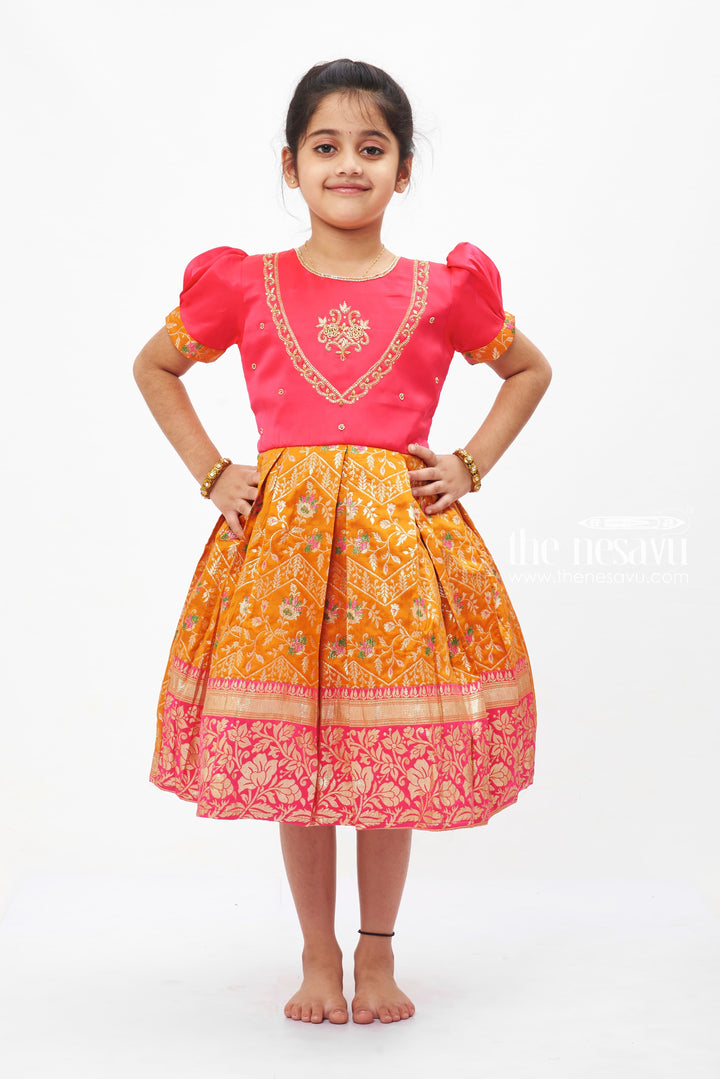 The Nesavu Silk Party Frock Pink Passion Silk Frock with Embroidered Terracotta Skirt for Girls Nesavu 16 (1Y) / Pink SF732A-16 Girls Embroidered Pink & Terracotta Silk Frock | Festive Traditional Dress | The Nesavu