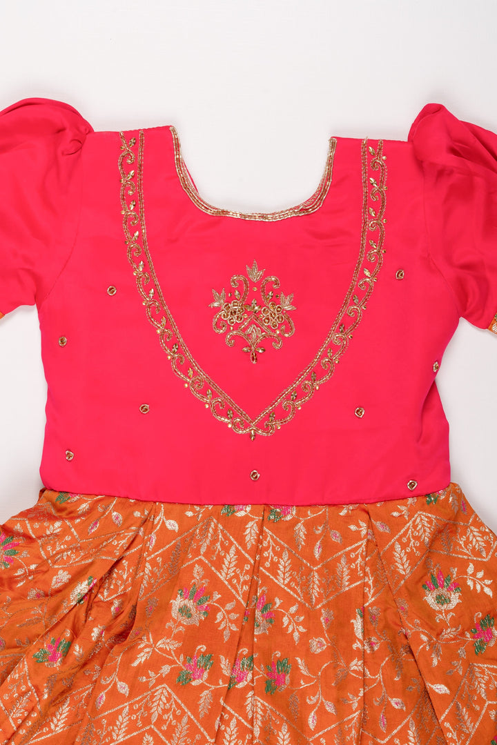 The Nesavu Silk Party Frock Pink Passion Silk Frock with Embroidered Terracotta Skirt for Girls Nesavu Girls Embroidered Pink & Terracotta Silk Frock | Festive Traditional Dress | The Nesavu