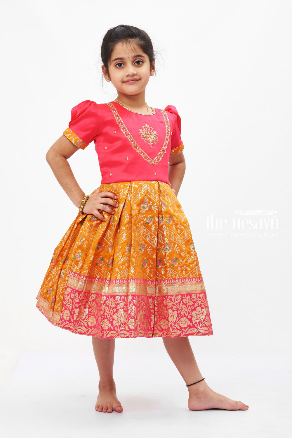 The Nesavu Silk Party Frock Pink Passion Silk Frock with Embroidered Terracotta Skirt for Girls Nesavu Girls Embroidered Pink & Terracotta Silk Frock | Festive Traditional Dress | The Nesavu
