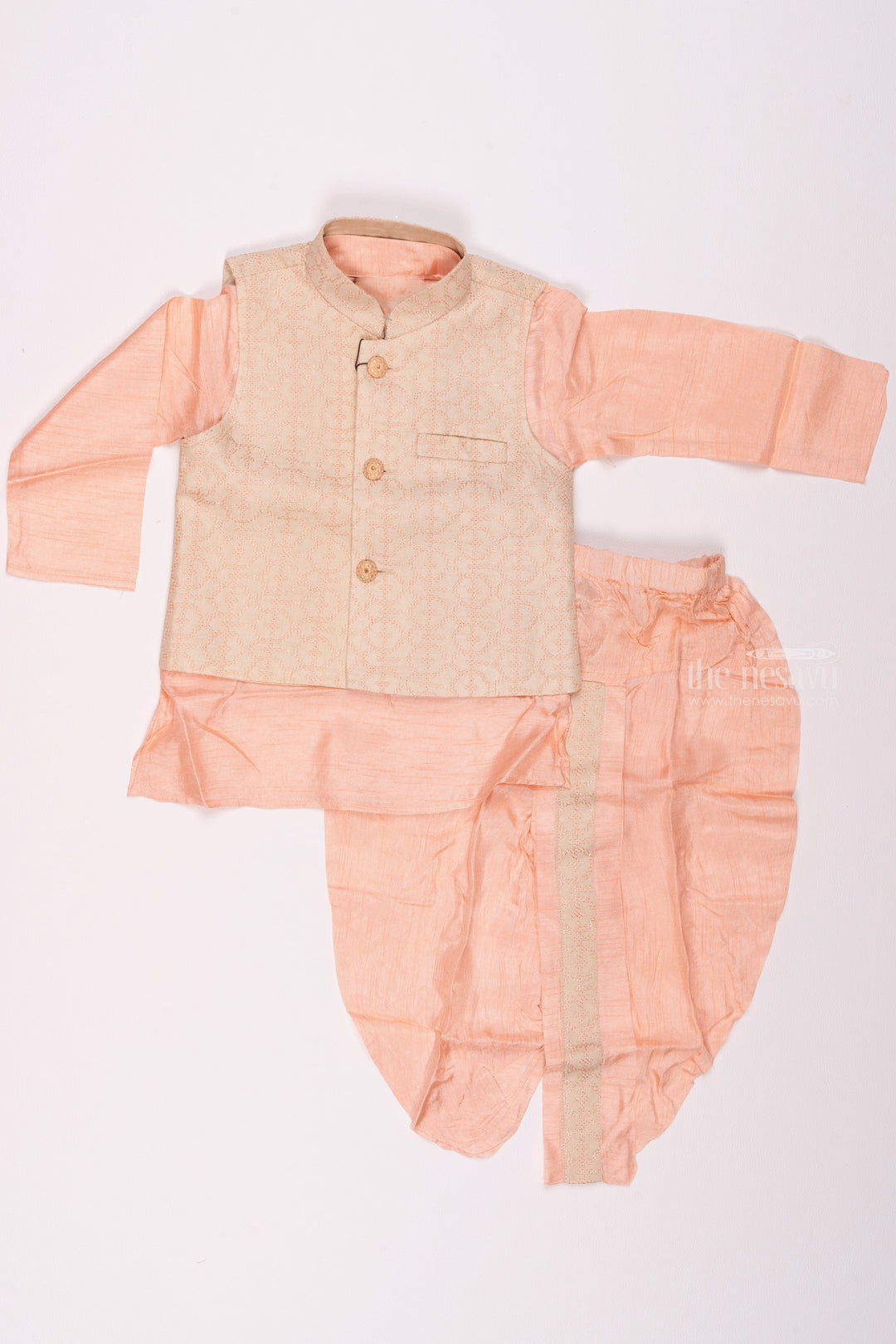 The Nesavu Boys Jacket Sets Pink Perfection Resham Embroidered Overcoat & Delicate Pink Kurta with Panchagajam Set for Boys Nesavu 12 (3M) / Green / Silk Blend BES386B-12 Boys Kurta with Dhoti | Perfect for Festive Occasions | The Nesavu