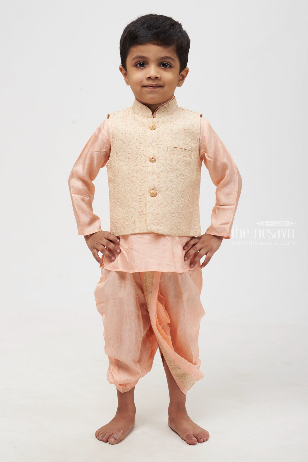 The Nesavu Boys Jacket Sets Pink Perfection Resham Embroidered Overcoat & Delicate Pink Kurta with Panchagajam Set for Boys Nesavu 12 (3M) / Green / Silk Blend BES386B-12 Boys Kurta with Dhoti | Perfect for Festive Occasions | The Nesavu