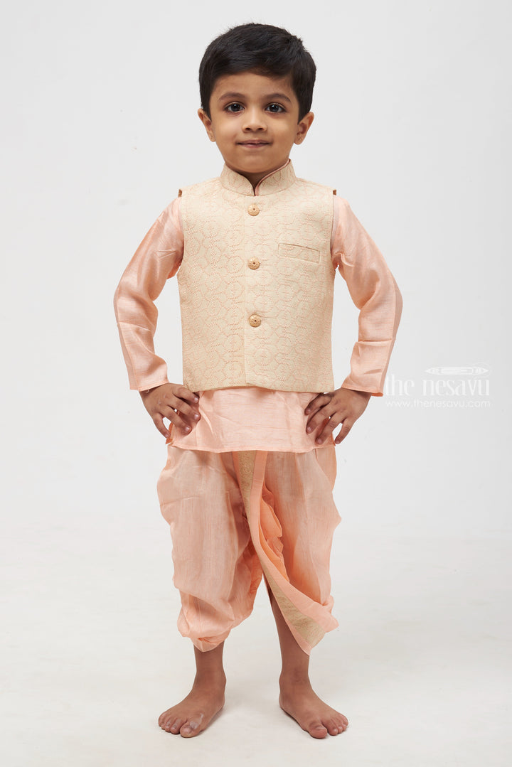 The Nesavu Boys Jacket Sets Pink Perfection Resham Embroidered Overcoat & Delicate Pink Kurta with Panchagajam Set for Boys Nesavu 12 (3M) / Green / Silk Blend BES386B-12 Boys Kurta with Dhoti | Perfect for Festive Occasions | The Nesavu