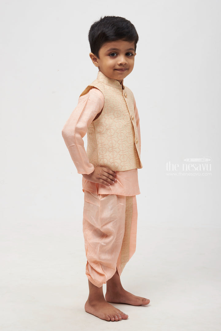 The Nesavu Boys Jacket Sets Pink Perfection Resham Embroidered Overcoat & Delicate Pink Kurta with Panchagajam Set for Boys Nesavu Boys Kurta with Dhoti | Perfect for Festive Occasions | The Nesavu