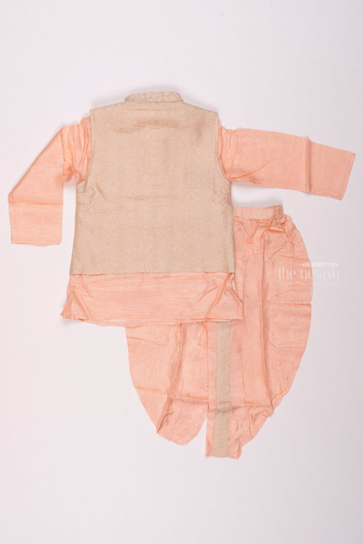 The Nesavu Boys Jacket Sets Pink Perfection Resham Embroidered Overcoat & Delicate Pink Kurta with Panchagajam Set for Boys Nesavu Boys Kurta with Dhoti | Perfect for Festive Occasions | The Nesavu