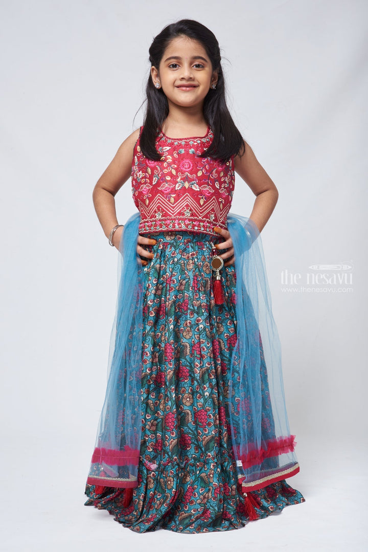 The Nesavu Lehenga & Ghagra Pink Petal: Mirror Floral Designer Lhenga & Blue Ghagra Choli for Girls Nesavu 16 (1Y) / Green GL353A-16 Designer Lehenga for Girls | Premium Lehenga | The Nesavu