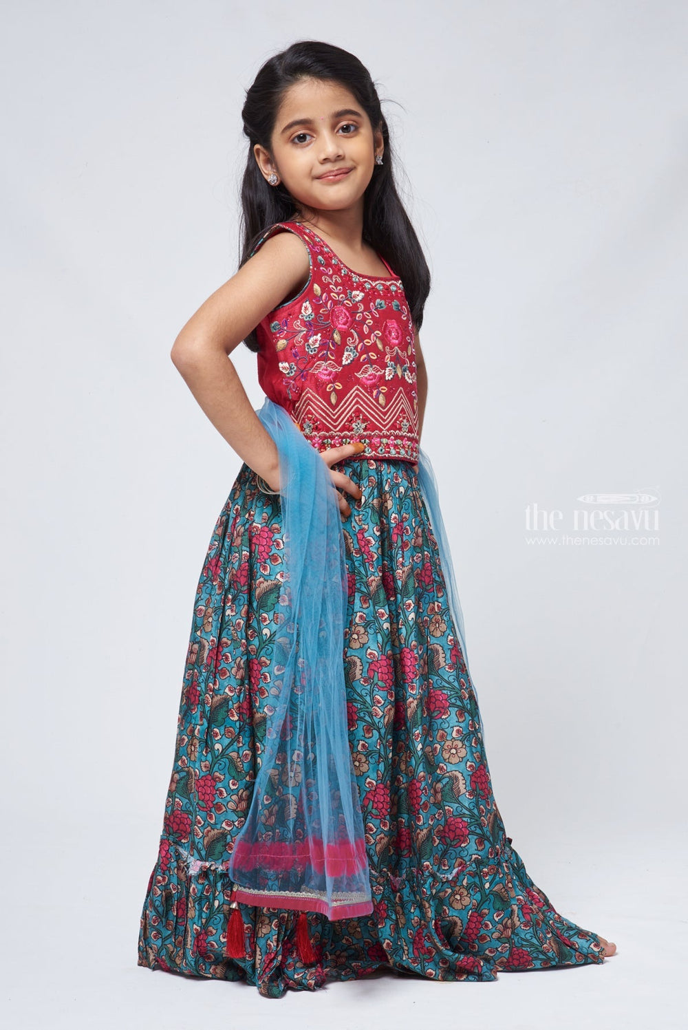 The Nesavu Lehenga & Ghagra Pink Petal: Mirror Floral Designer Lhenga & Blue Ghagra Choli for Girls Nesavu Designer Lehenga for Girls | Premium Lehenga | The Nesavu