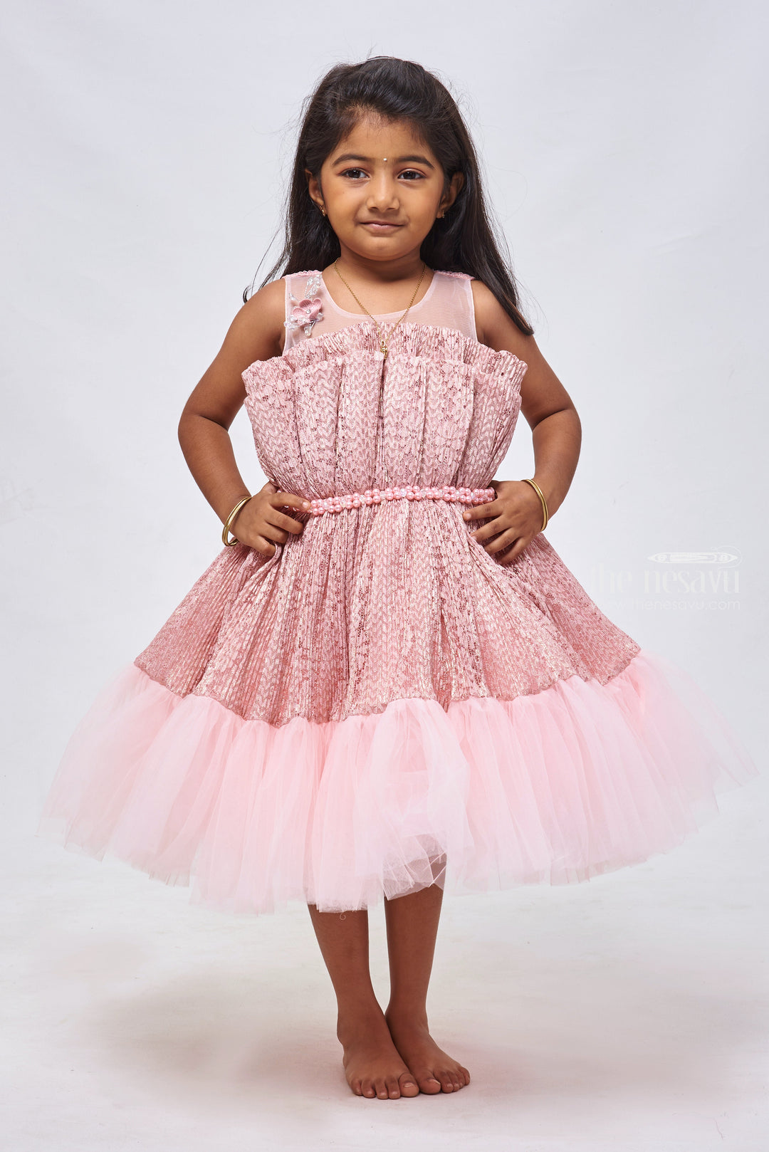 The Nesavu Girls Fancy Party Frock Pink Petal Perfection: Fabulous Floral Russle Net Frock with Pearl Accents for Little Fashionistas Nesavu 16 (1Y) / Pink / Net PF149A-16 Designer Baby Girl Dress Collections | Elegant Little Girls Party Dresses | The Nesavu