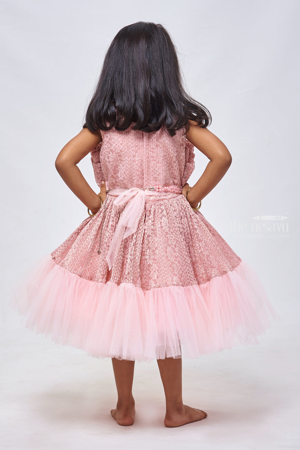 The Nesavu Girls Fancy Party Frock Pink Petal Perfection: Fabulous Floral Russle Net Frock with Pearl Accents for Little Fashionistas Nesavu Designer Baby Girl Dress Collections | Elegant Little Girls Party Dresses | The Nesavu