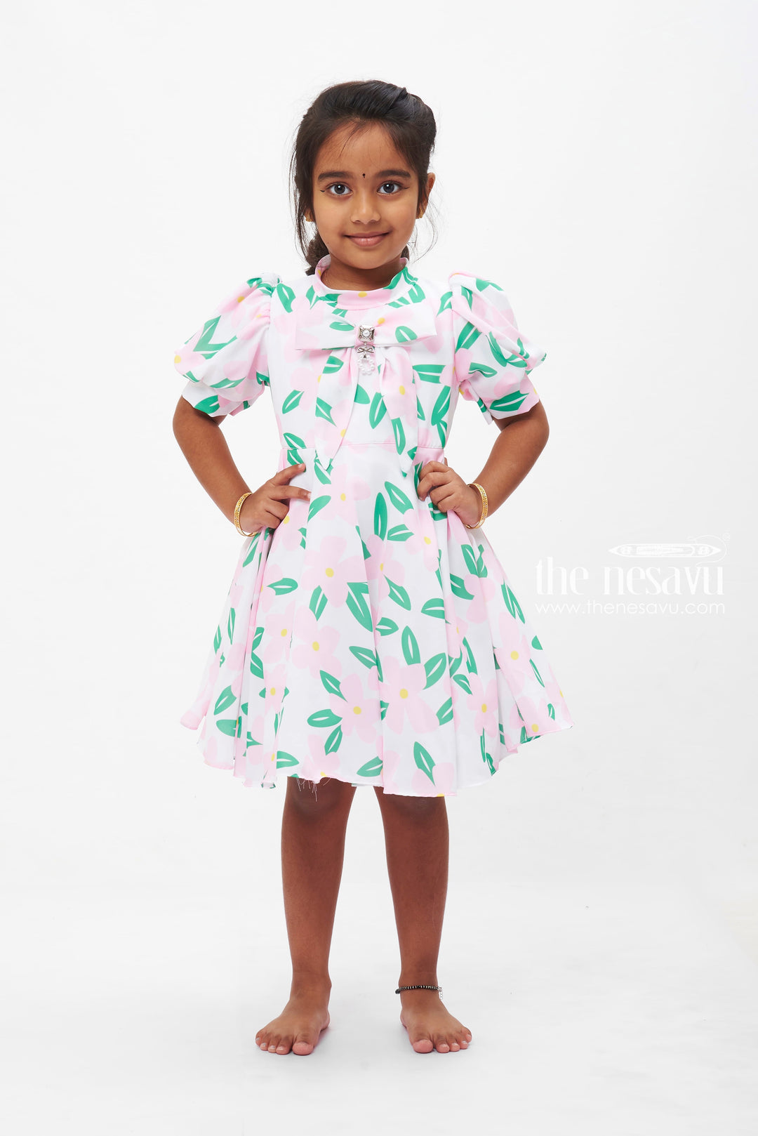 The Nesavu Girls Fancy Frock Pink Petal Perfection Frock with Floral Accents for Girls Nesavu 16 (1Y) / Pink GFC1186B-16 Girls Floral Print Frock | Pink Petal Perfection with Jewel Accent | The Nesavu