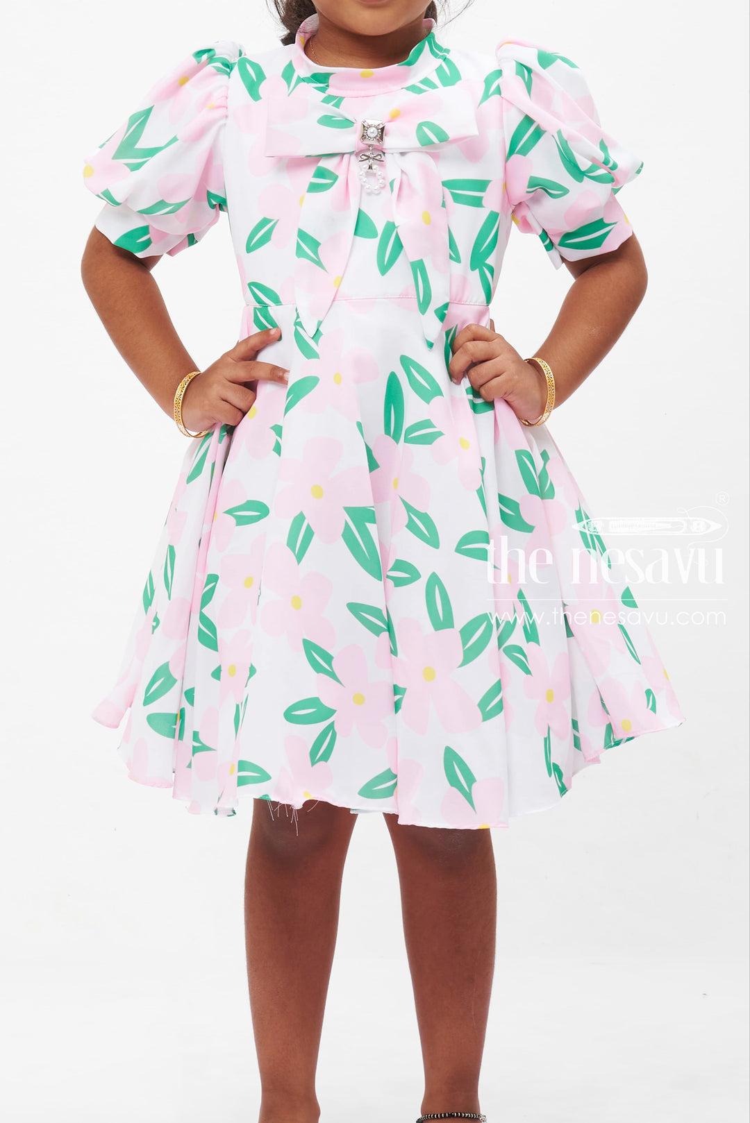 The Nesavu Girls Fancy Frock Pink Petal Perfection Frock with Floral Accents for Girls Nesavu Girls Floral Print Frock | Pink Petal Perfection with Jewel Accent | The Nesavu