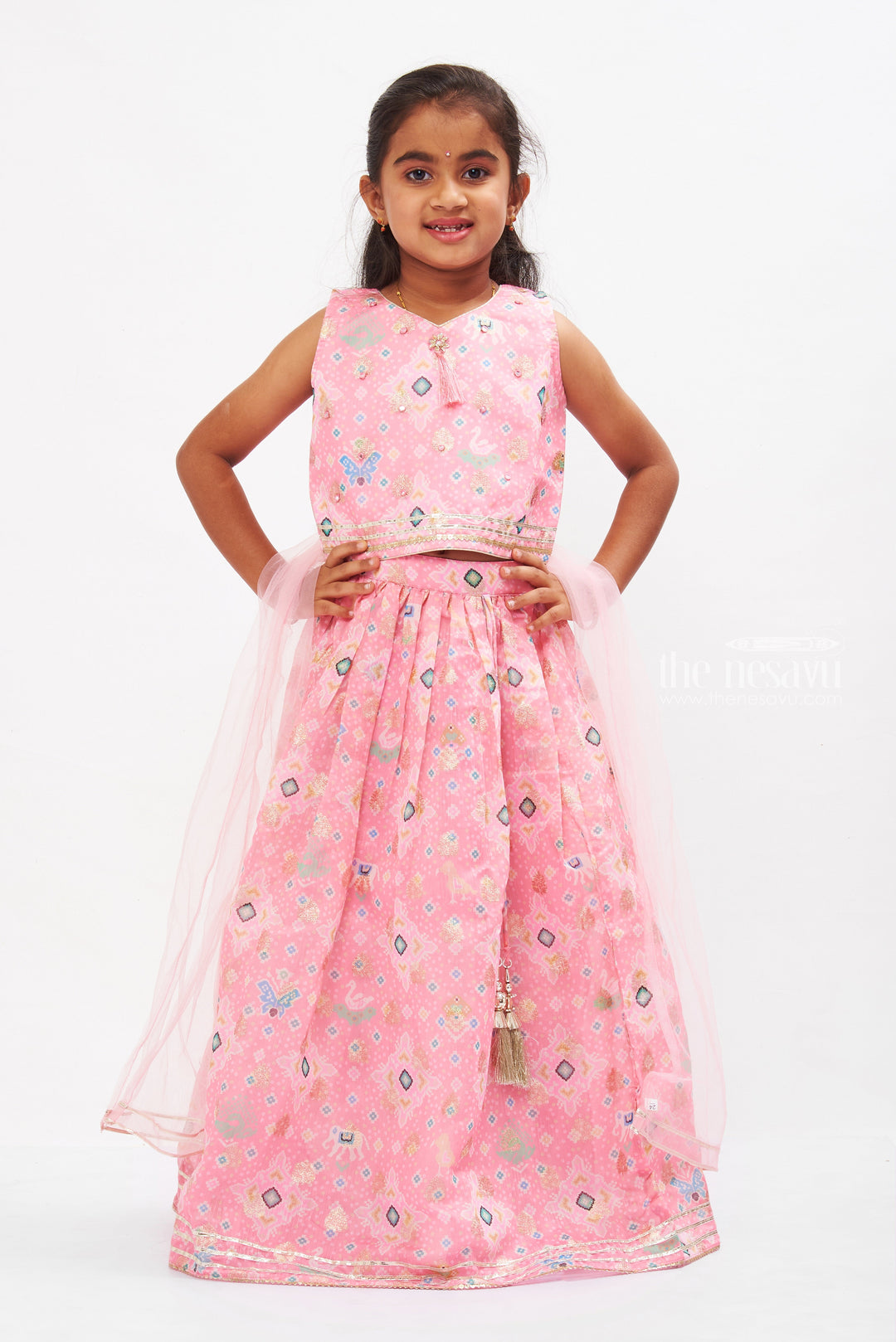 The Nesavu Girls Lehenga Choli Pink Princess Lehenga Choli with Dupatta for Girls Nesavu 16 (1Y) / Pink GL421A-16 Girls Pink Silk Lehenga Choli | Designer Kids Ethnic Wear | Festive Embroidered Outfit | The Nesavu