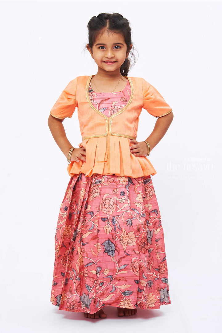 The Nesavu Girls Silk Gown Pink Radiance: Girls Blossoming Anarkali Dress with Elegant Overcoat Design Nesavu 16 (1Y) / Pink / Silk Blend GA163F-16 Exquisite Kalamkari Printed Anarkali Ensemble | Girls Traditional Dress with Overcoat | The Nesavu