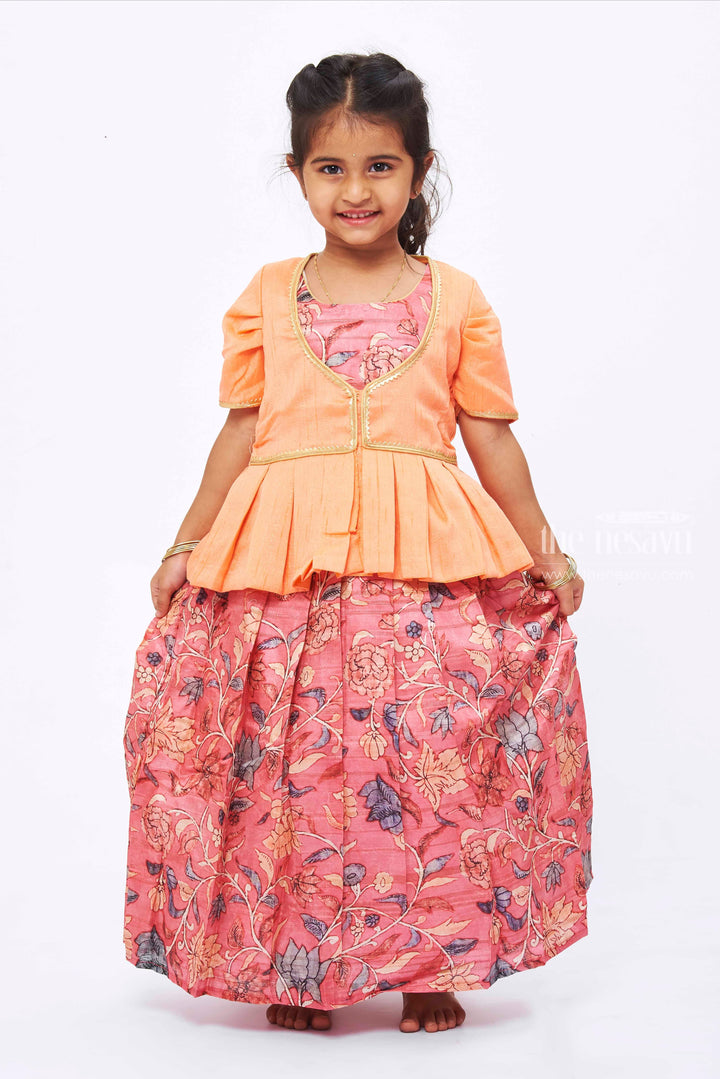 The Nesavu Girls Silk Gown Pink Radiance: Girls Blossoming Anarkali Dress with Elegant Overcoat Design Nesavu Exquisite Kalamkari Printed Anarkali Ensemble | Girls Traditional Dress with Overcoat | The Nesavu