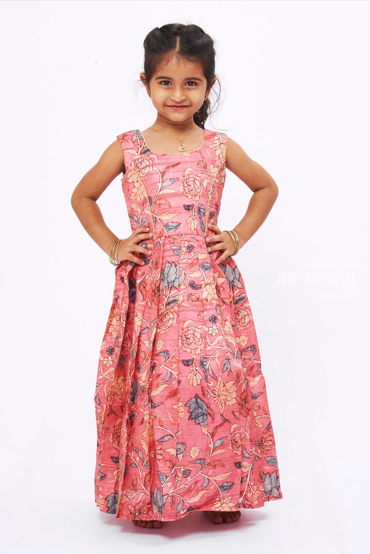 The Nesavu Girls Silk Gown Pink Radiance: Girls Blossoming Anarkali Dress with Elegant Overcoat Design Nesavu Exquisite Kalamkari Printed Anarkali Ensemble | Girls Traditional Dress with Overcoat | The Nesavu