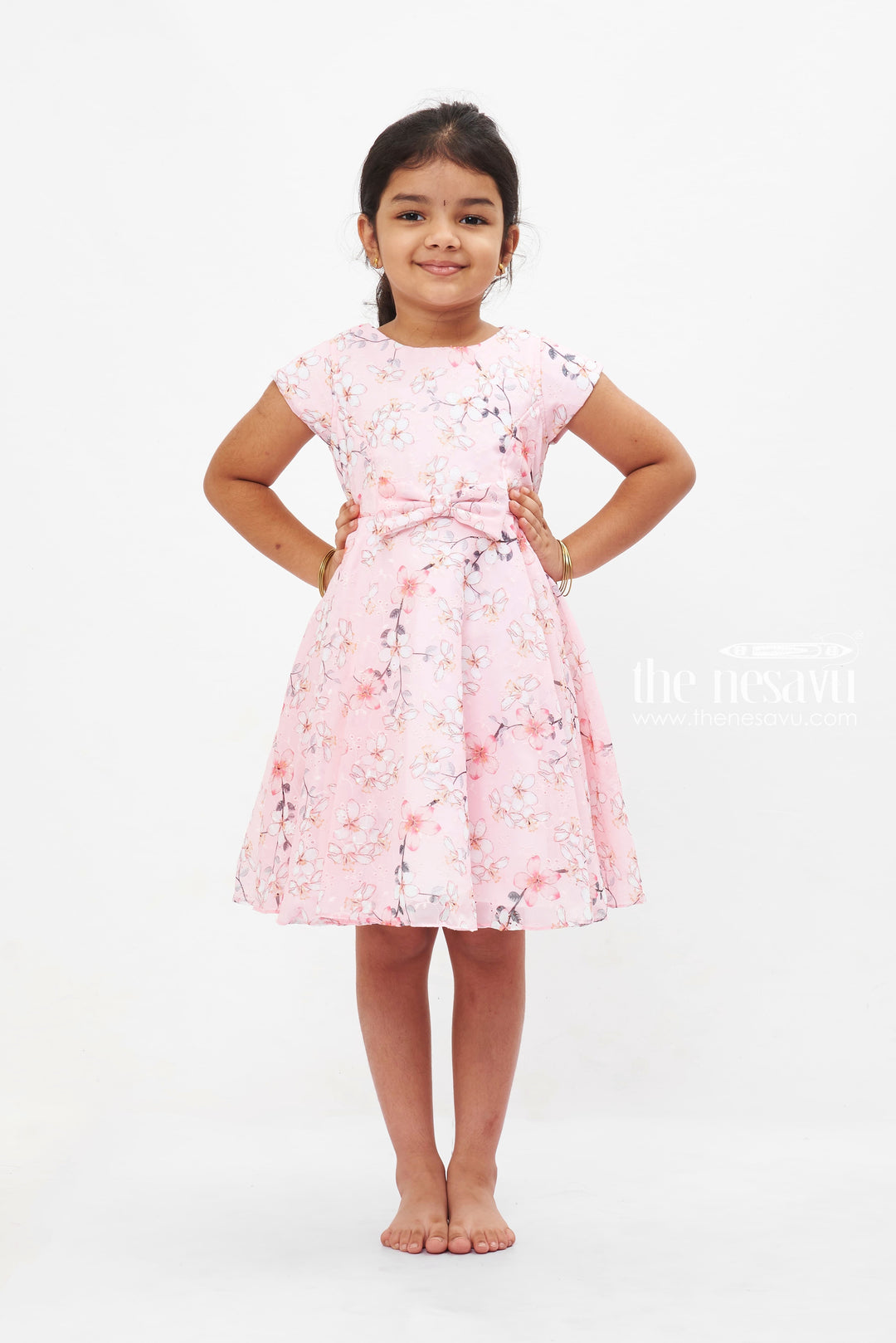 The Nesavu Girls Fancy Frock Pink Sakura Charm Frock: Girls' Blossom Print Dress with Bow Detail Nesavu 16 (1Y) / Pink GFC1189A-16 Girls Pink Cherry Blossom Dress | Cap Sleeve Frock with Bow | Spring Party Attire | The Nesavu