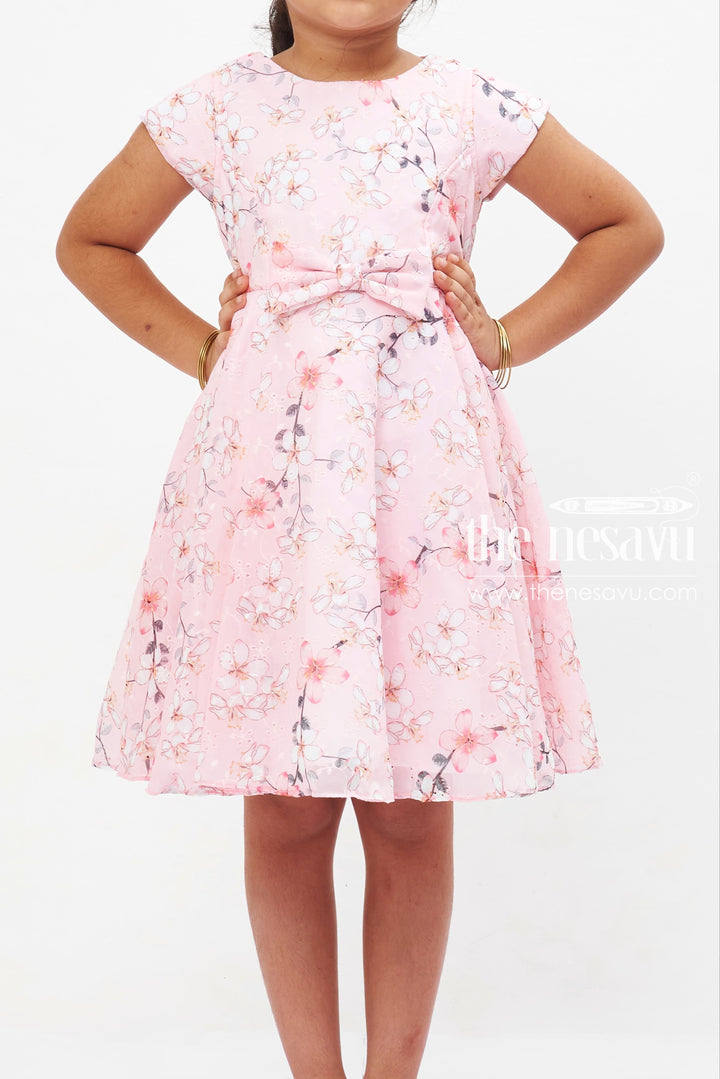 The Nesavu Girls Fancy Frock Pink Sakura Charm Frock: Girls' Blossom Print Dress with Bow Detail Nesavu Girls Pink Cherry Blossom Dress | Cap Sleeve Frock with Bow | Spring Party Attire | The Nesavu