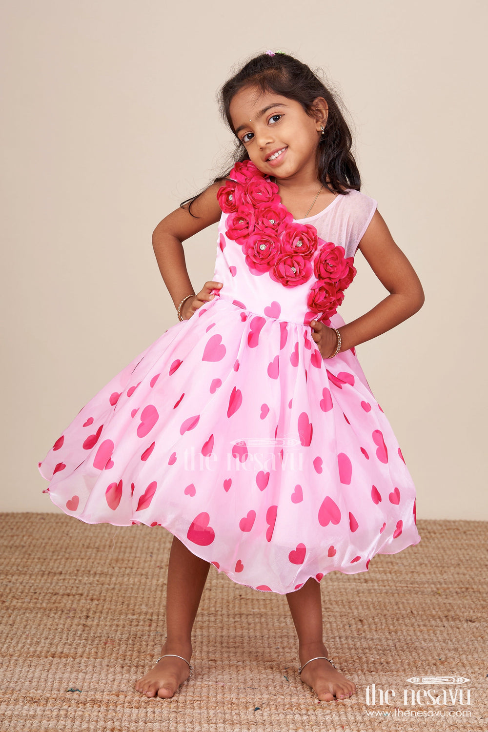 The Nesavu Girls Fancy Party Frock Pink Satin Party Frock with Floral Embellished Yoke Nesavu Nesavu pink floral embellished satin party frock girls