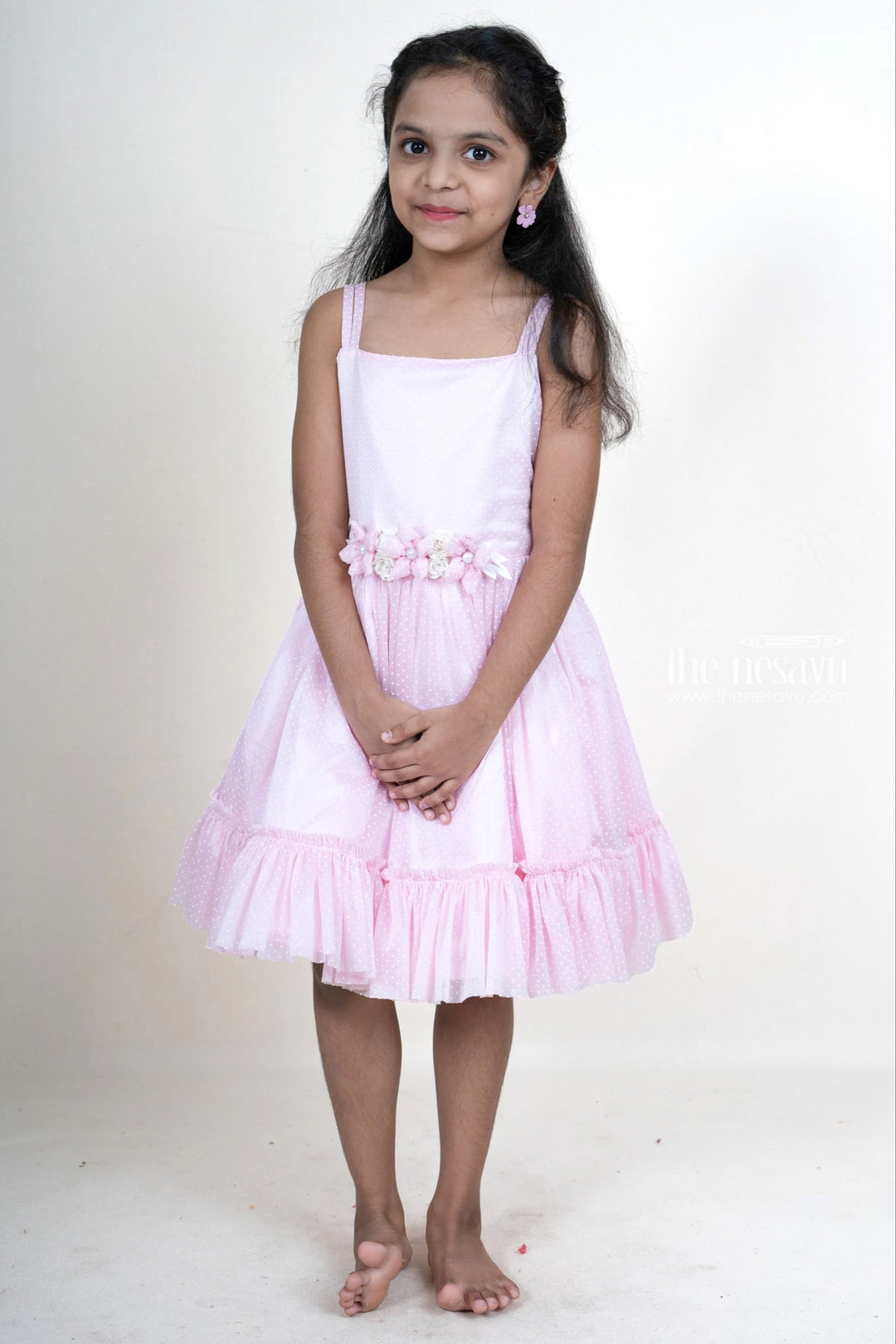 The Nesavu Girls Fancy Party Frock pink self patterned sleeveless party gown with floral embellishments for girls Nesavu 16 (1Y) / Pink PF82A-16