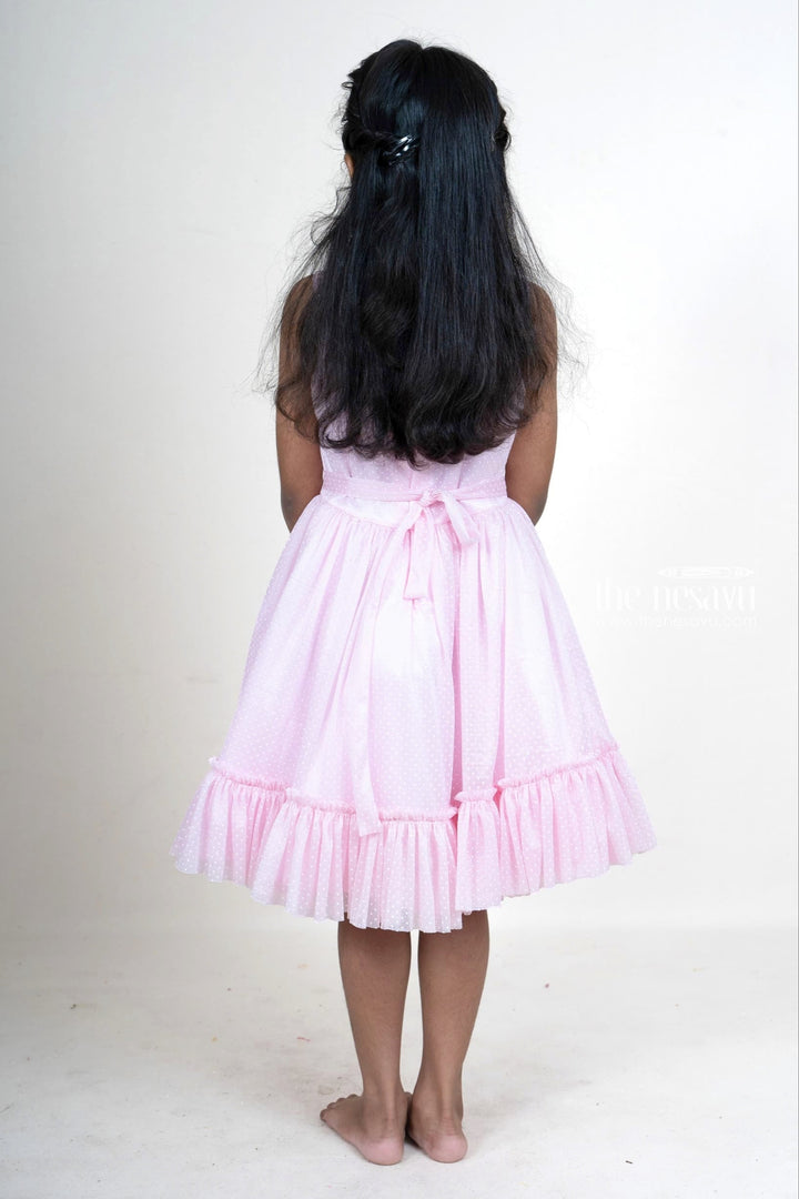 The Nesavu Girls Fancy Party Frock pink self patterned sleeveless party gown with floral embellishments for girls Nesavu