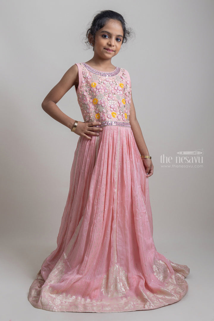 The Nesavu Party Gown Pink Semi-Crushed Silk Banarasi Jacquard Anarkali With Embroidered Yoke For Girls Nesavu 18 (2Y) / Salmon / Raw Silk GA127 Latest Festive Wear Anarkali For Girls| Silk Cotton Collection| The Nesavu