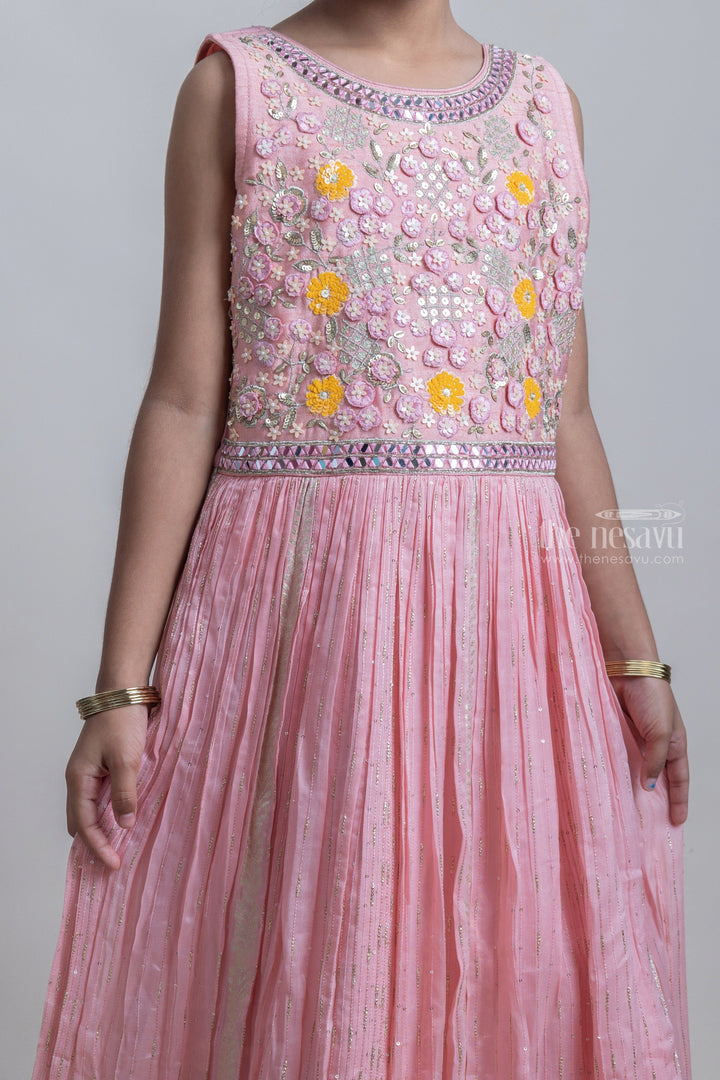 The Nesavu Party Gown Pink Semi-Crushed Silk Banarasi Jacquard Anarkali With Embroidered Yoke For Girls Nesavu Latest Festive Wear Anarkali For Girls| Silk Cotton Collection| The Nesavu