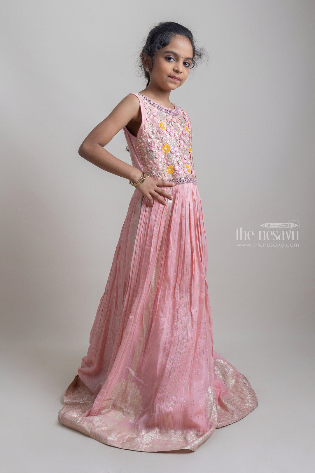 The Nesavu Party Gown Pink Semi-Crushed Silk Banarasi Jacquard Anarkali With Embroidered Yoke For Girls Nesavu Latest Festive Wear Anarkali For Girls| Silk Cotton Collection| The Nesavu
