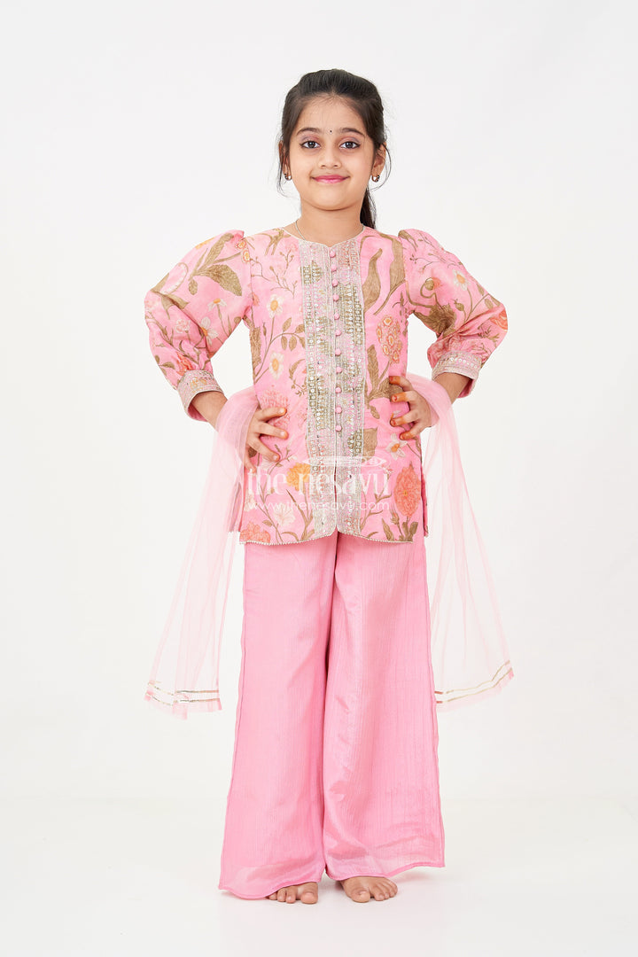 The Nesavu Girls Sharara / Plazo Set Pink Sharara Set for Girls with Organza Digital Print Top and Sequin Embroidery Accents Nesavu Nesavu Girls Pink Sharara Set Floral Digital Print Organza Top Sequin Embroidery