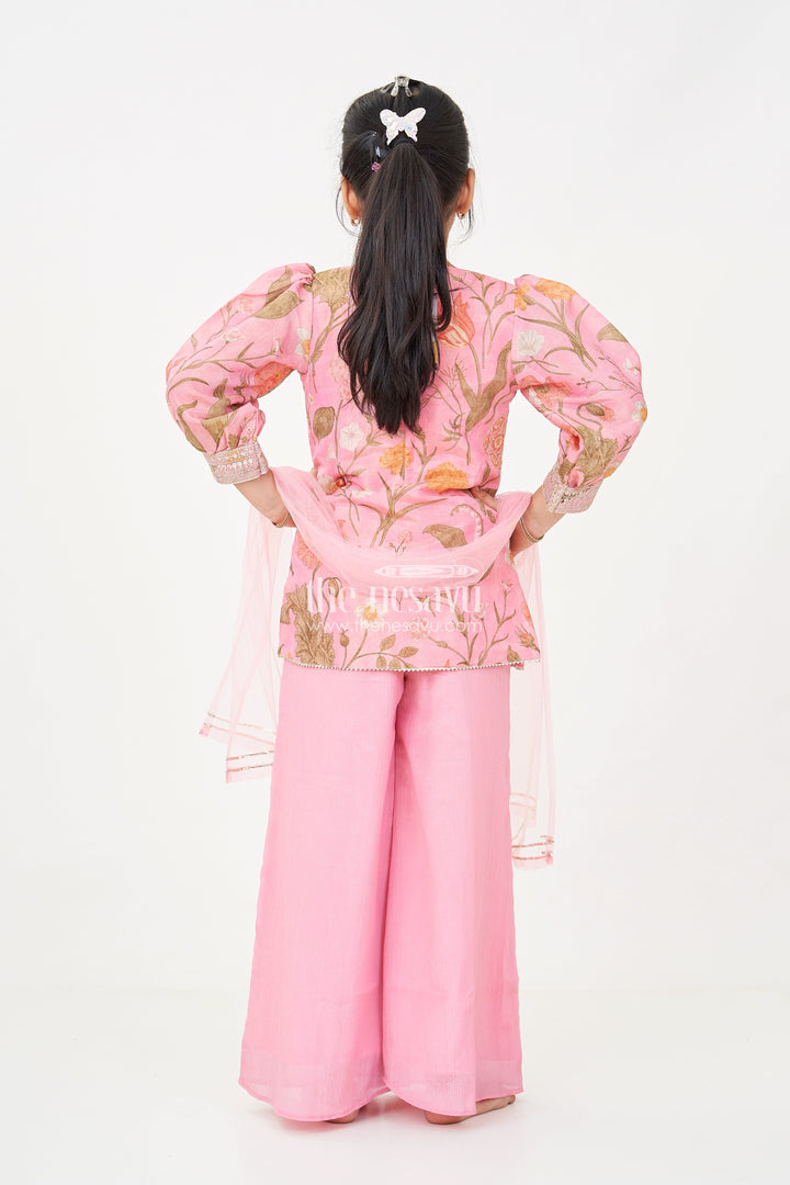 The Nesavu Girls Sharara / Plazo Set Pink Sharara Set for Girls with Organza Digital Print Top and Sequin Embroidery Accents Nesavu Nesavu Girls Pink Sharara Set Floral Digital Print Organza Top Sequin Embroidery