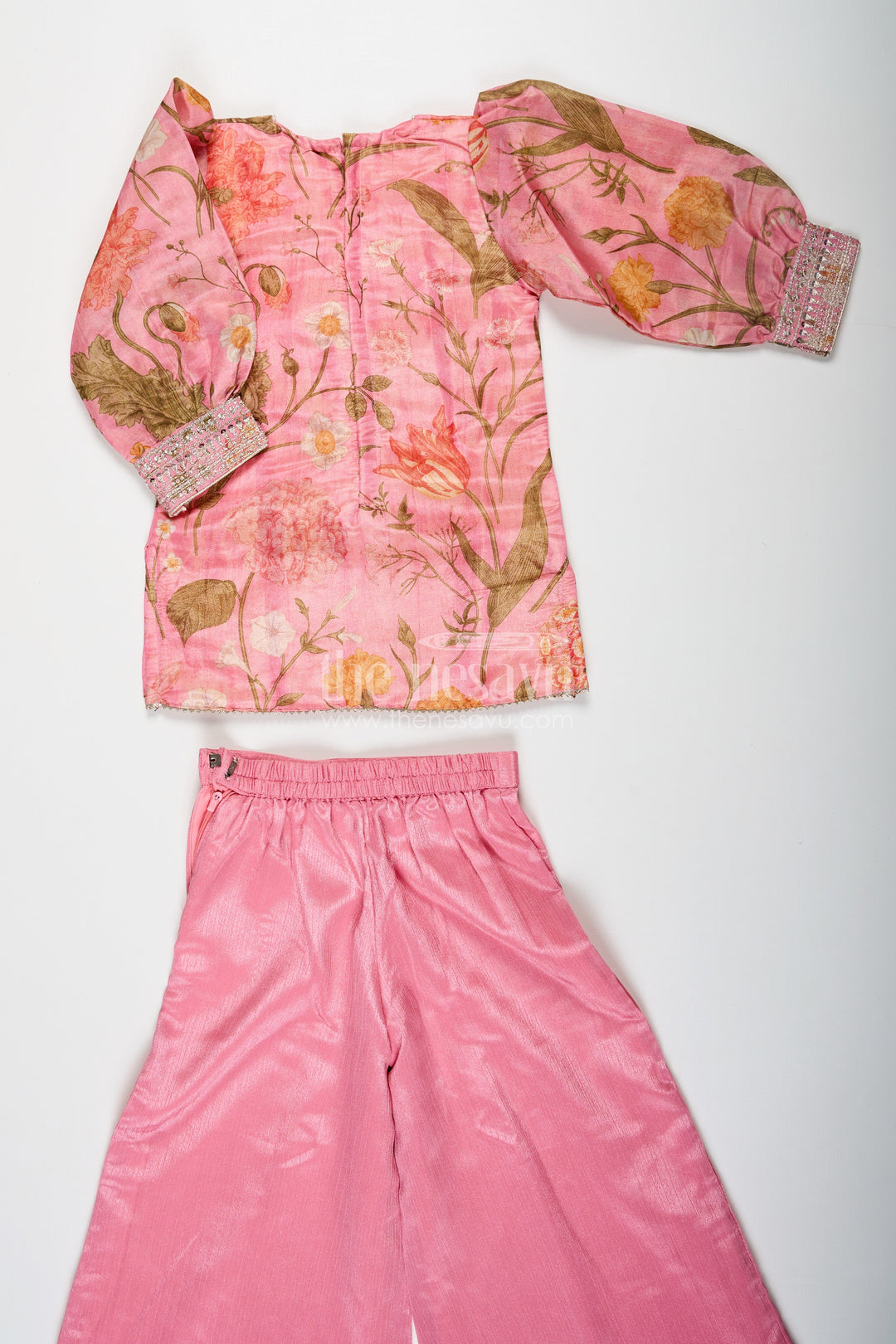 The Nesavu Girls Sharara / Plazo Set Pink Sharara Set for Girls with Organza Digital Print Top and Sequin Embroidery Accents Nesavu Nesavu Girls Pink Sharara Set Floral Digital Print Organza Top Sequin Embroidery