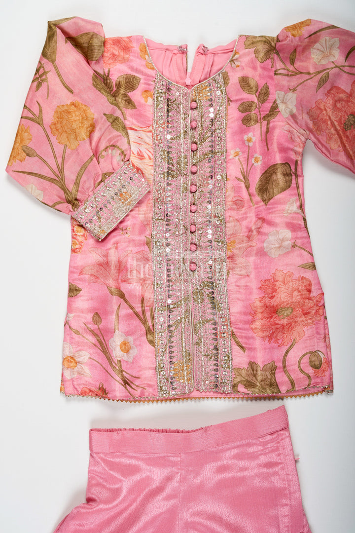 The Nesavu Girls Sharara / Plazo Set Pink Sharara Set for Girls with Organza Digital Print Top and Sequin Embroidery Accents Nesavu Nesavu Girls Pink Sharara Set Floral Digital Print Organza Top Sequin Embroidery
