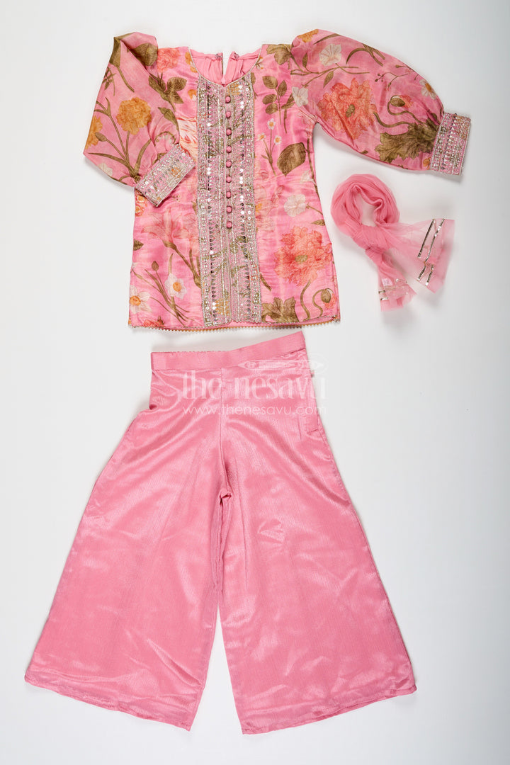 The Nesavu Girls Sharara / Plazo Set Pink Sharara Set for Girls with Organza Digital Print Top and Sequin Embroidery Accents Nesavu Nesavu Girls Pink Sharara Set Floral Digital Print Organza Top Sequin Embroidery