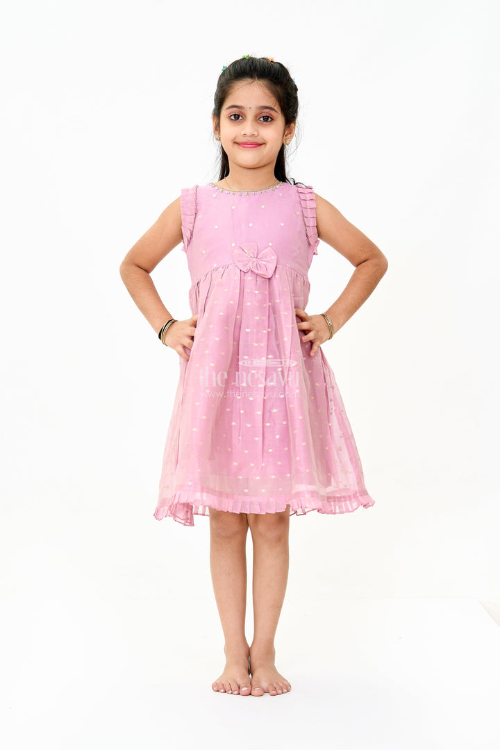 The Nesavu Girls Chanderi Frock Pink Silk Frock for Girls with Mirror Work Neck Design â€“ Festive Dress for Girls Nesavu 16 (1Y) / Pink GFC1445A-16 Pink Silk Festive Frock Girls Mirror Work Neck Design Elegant Party Outfit Nesavu