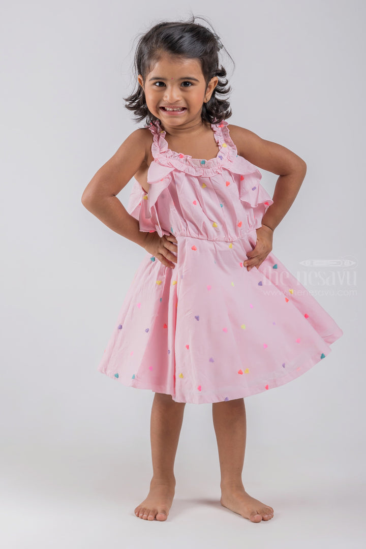 The Nesavu Baby Cotton Frocks Pink Sleeveless Baby Frock with Heartin Butta Embroidery and Ruffled Neckline psr silks Nesavu 14 (6M) / Pink / Cotton BFJ405A