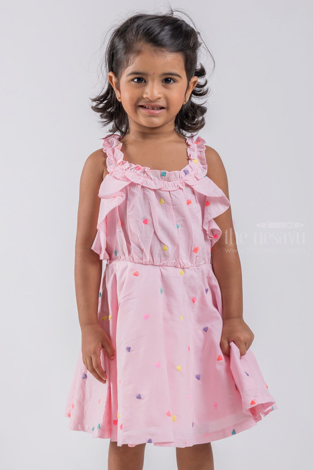 The Nesavu Baby Cotton Frocks Pink Sleeveless Baby Frock with Heartin Butta Embroidery and Ruffled Neckline psr silks Nesavu