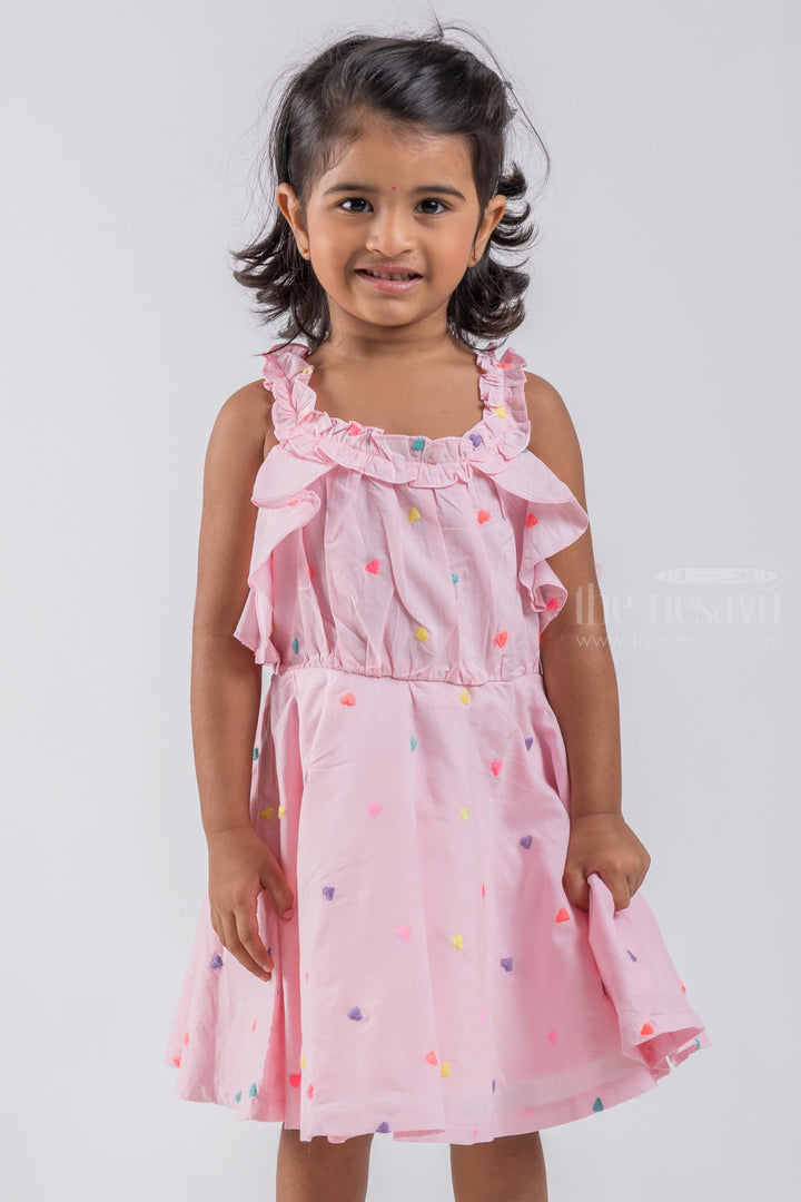 The Nesavu Baby Cotton Frocks Pink Sleeveless Baby Frock with Heartin Butta Embroidery and Ruffled Neckline psr silks Nesavu
