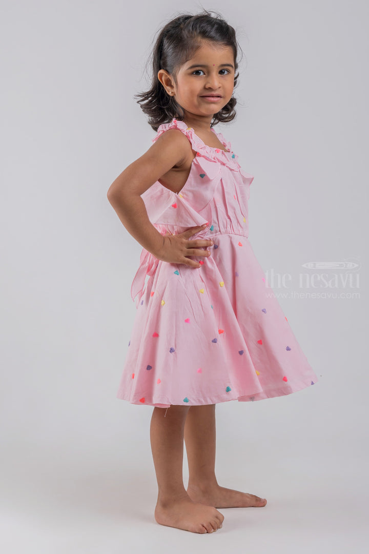 The Nesavu Baby Cotton Frocks Pink Sleeveless Baby Frock with Heartin Butta Embroidery and Ruffled Neckline psr silks Nesavu