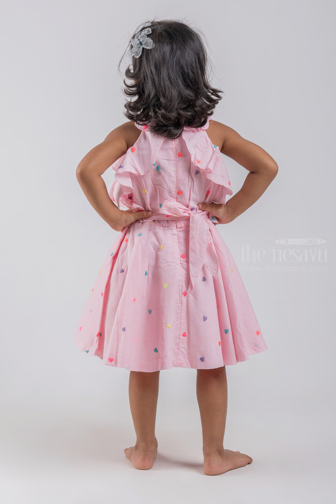 The Nesavu Baby Cotton Frocks Pink Sleeveless Baby Frock with Heartin Butta Embroidery and Ruffled Neckline psr silks Nesavu