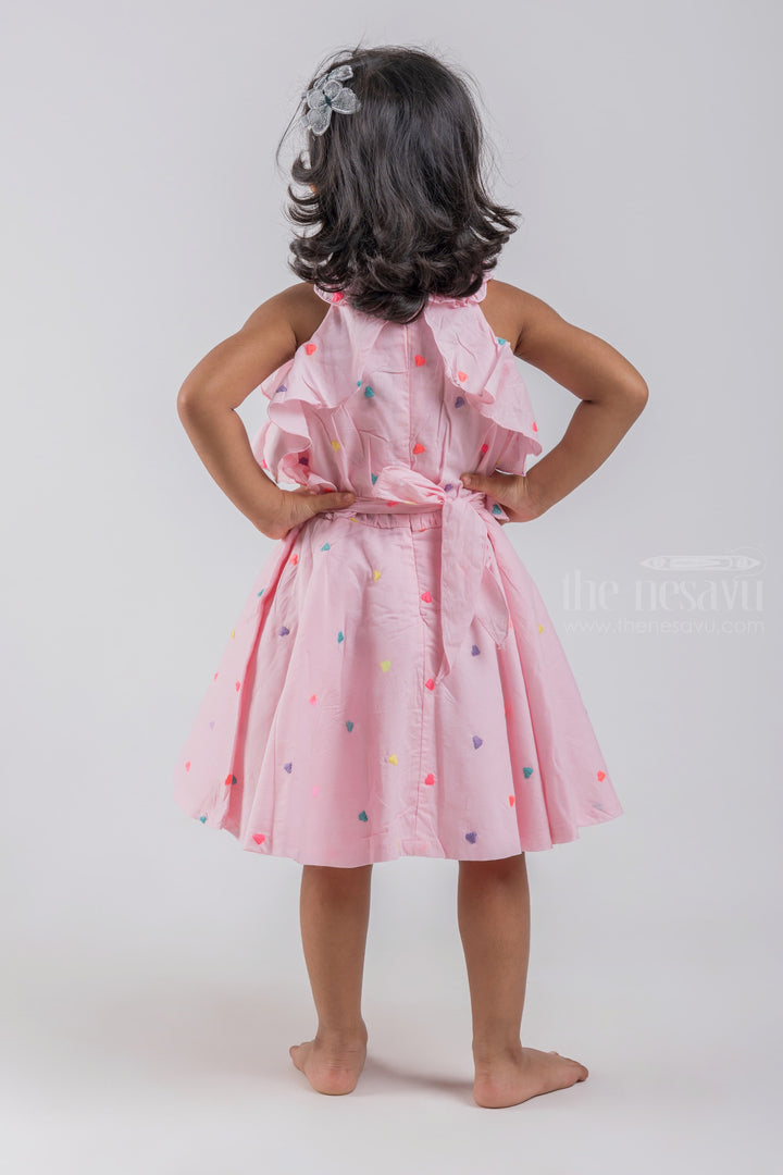 The Nesavu Baby Cotton Frocks Pink Sleeveless Baby Frock with Heartin Butta Embroidery and Ruffled Neckline psr silks Nesavu
