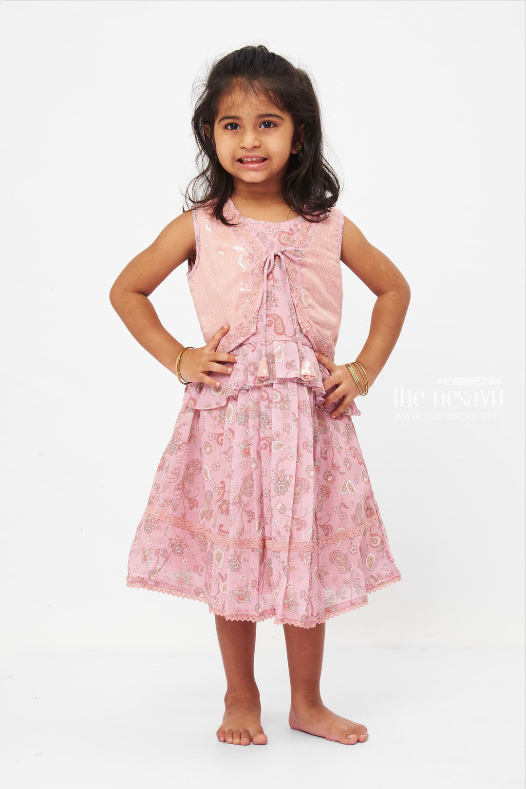 The Nesavu Girls Fancy Frock Pink Sparkle - Girls Sequined Paisley Cotton Frock Nesavu 22 (4Y) / Pink / Poly Crepe GFC1179B-22 Fancy Cotton Frock for Girls | Fashionable Frocks for Kids | The Nesavu