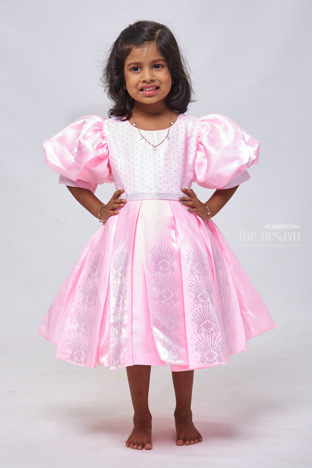 The Nesavu Girls Fancy Party Frock Pink Sparkle: Glitter-Stone Adorned Box Pleated Organza Party Dress for Girls Nesavu 12 (3M) / Pink / Silk Blend PF144A-12 Unique Birthday Frock for 2-Year-Old Girls | Stylish Party Dresses | The Nesavu