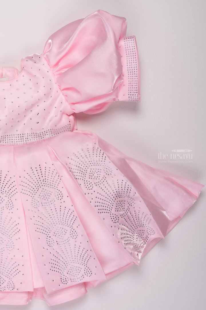 The Nesavu Girls Fancy Party Frock Pink Sparkle: Glitter-Stone Adorned Box Pleated Organza Party Dress for Girls Nesavu Unique Birthday Frock for 2-Year-Old Girls | Stylish Party Dresses | The Nesavu