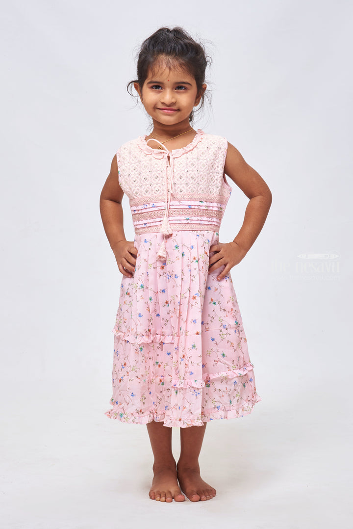 The Nesavu Girls Cotton Frock Pink Sparkle: Sequin Embroidered Floral Printed Pleated Pink Cotton Frock for Girls Nesavu 22 (4Y) / Pink / Cotton GFC1156A-22 Adorable Cotton Frocks for Kids | Explore Our Latest Designs Online