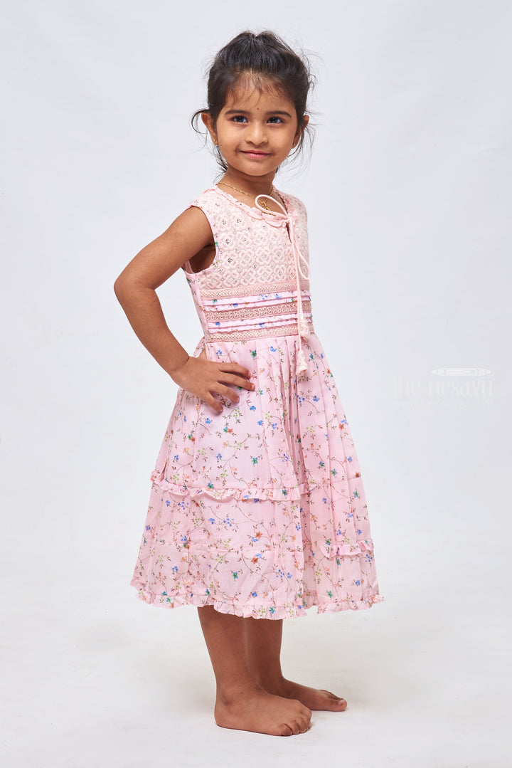 The Nesavu Girls Cotton Frock Pink Sparkle: Sequin Embroidered Floral Printed Pleated Pink Cotton Frock for Girls Nesavu Adorable Cotton Frocks for Kids | Explore Our Latest Designs Online