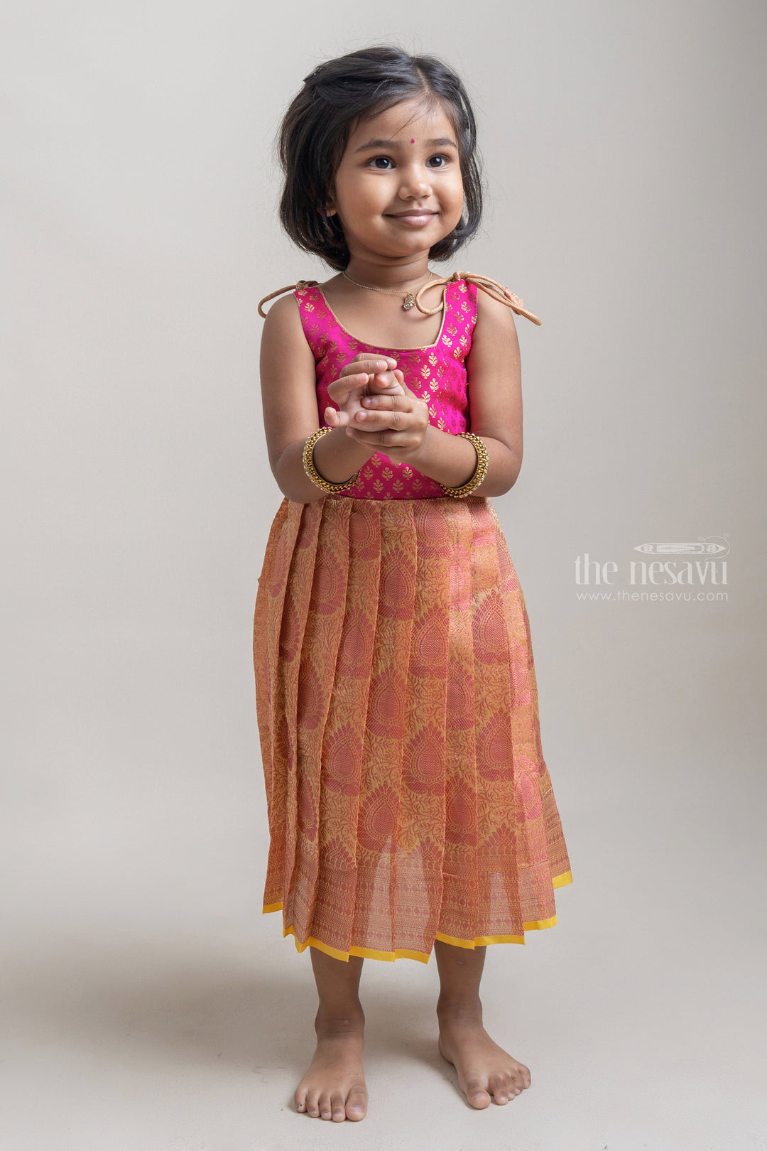 The Nesavu Tie-up Frock Pink Traditional Tie-up Gowns With Brocade Designs For Little Girls Nesavu 16 (1Y) / Yellow T258B Trendy And Cute Frocks| Latest Pattu Frocks| The Nesavu