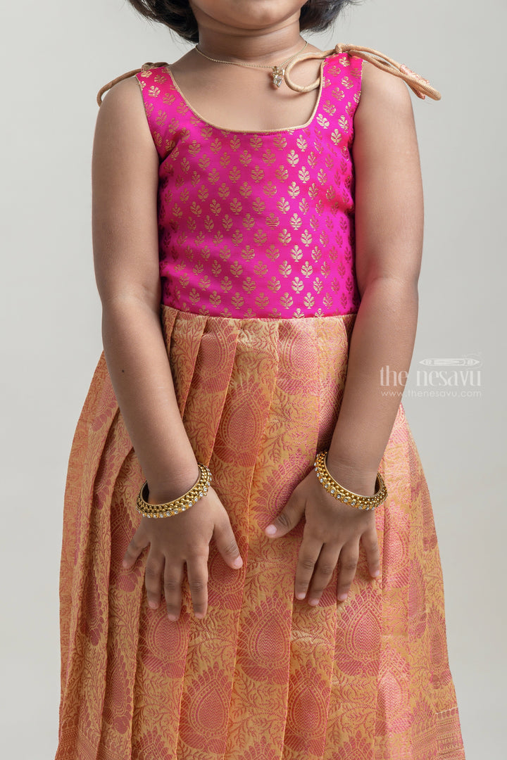 The Nesavu Tie-up Frock Pink Traditional Tie-up Gowns With Brocade Designs For Little Girls Nesavu Trendy And Cute Frocks| Latest Pattu Frocks| The Nesavu